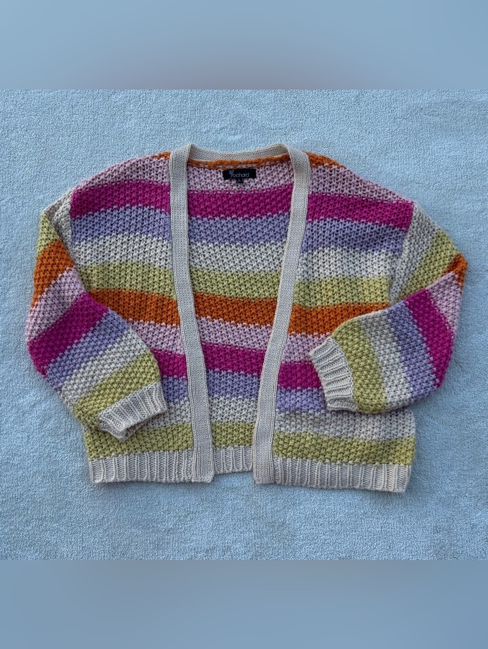 Striped Open-Front Cardigan Sweater in Pink, Orange, Lavender & Sage